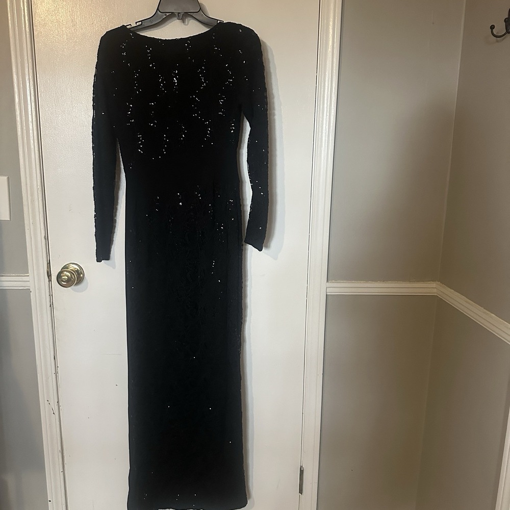 Lauren Ralph Lauren Evening Gown Women's 2 Black Sequin Ruched Slit Formal Party - Picture 7 of 8